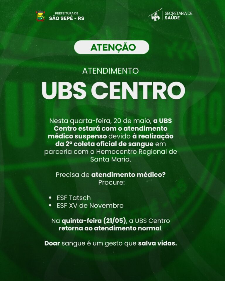 UBS Centro terá atendimento suspenso nesta quarta-feira (20) devido à coleta de sangue