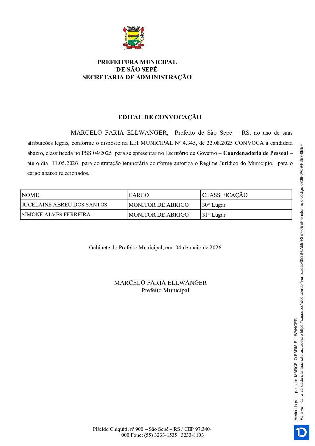 Edital de Convocação – Monitor de Abrigo