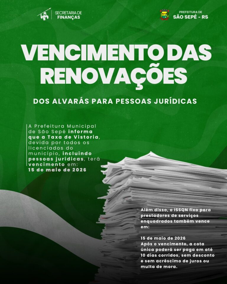Renovação de alvarás para pessoas jurídicas vence em 15 de maio em São Sepé
