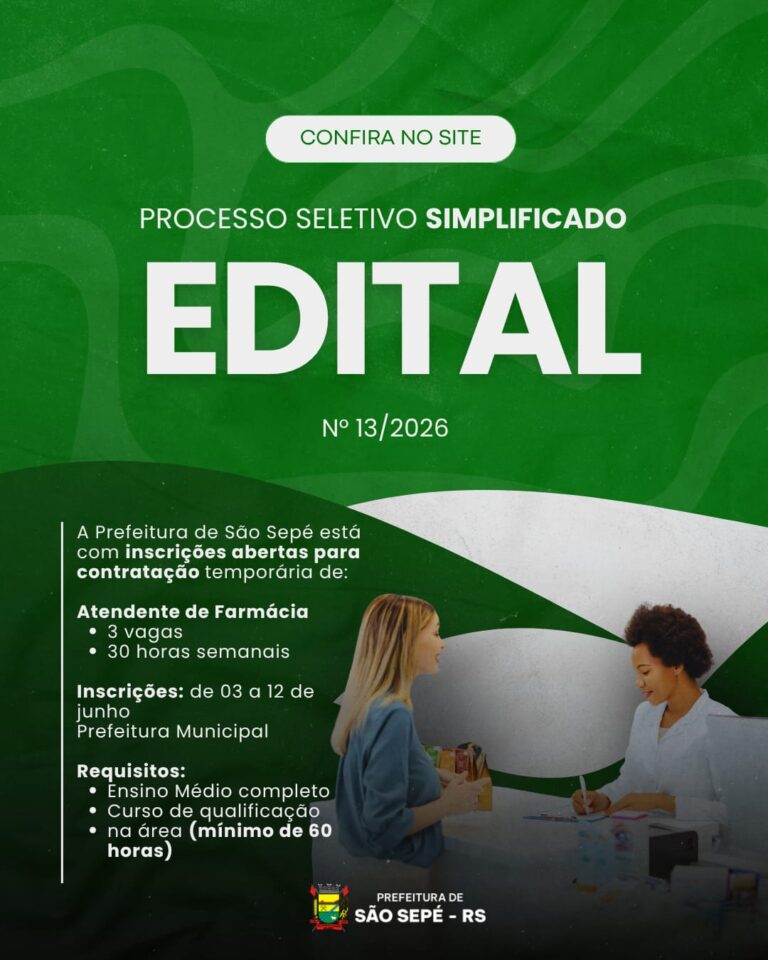 Prefeitura de São Sepé abre processo seletivo para contratação de Atendentes de Farmácia