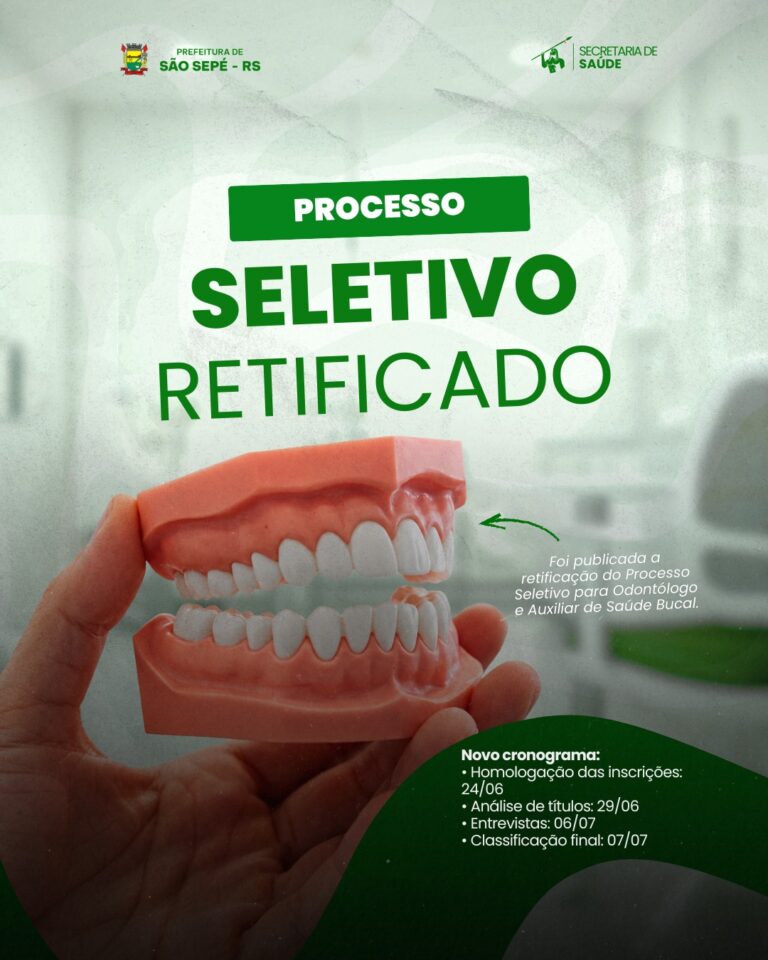 Prefeitura retifica edital de Processo Seletivo para Odontólogo e Auxiliar de Saúde Bucal