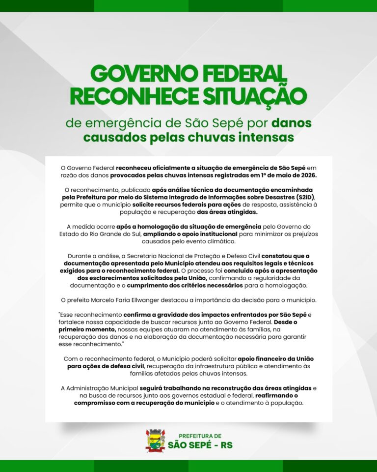 Governo Federal reconhece situação de emergência de São Sepé por danos causados pelas chuvas intensas