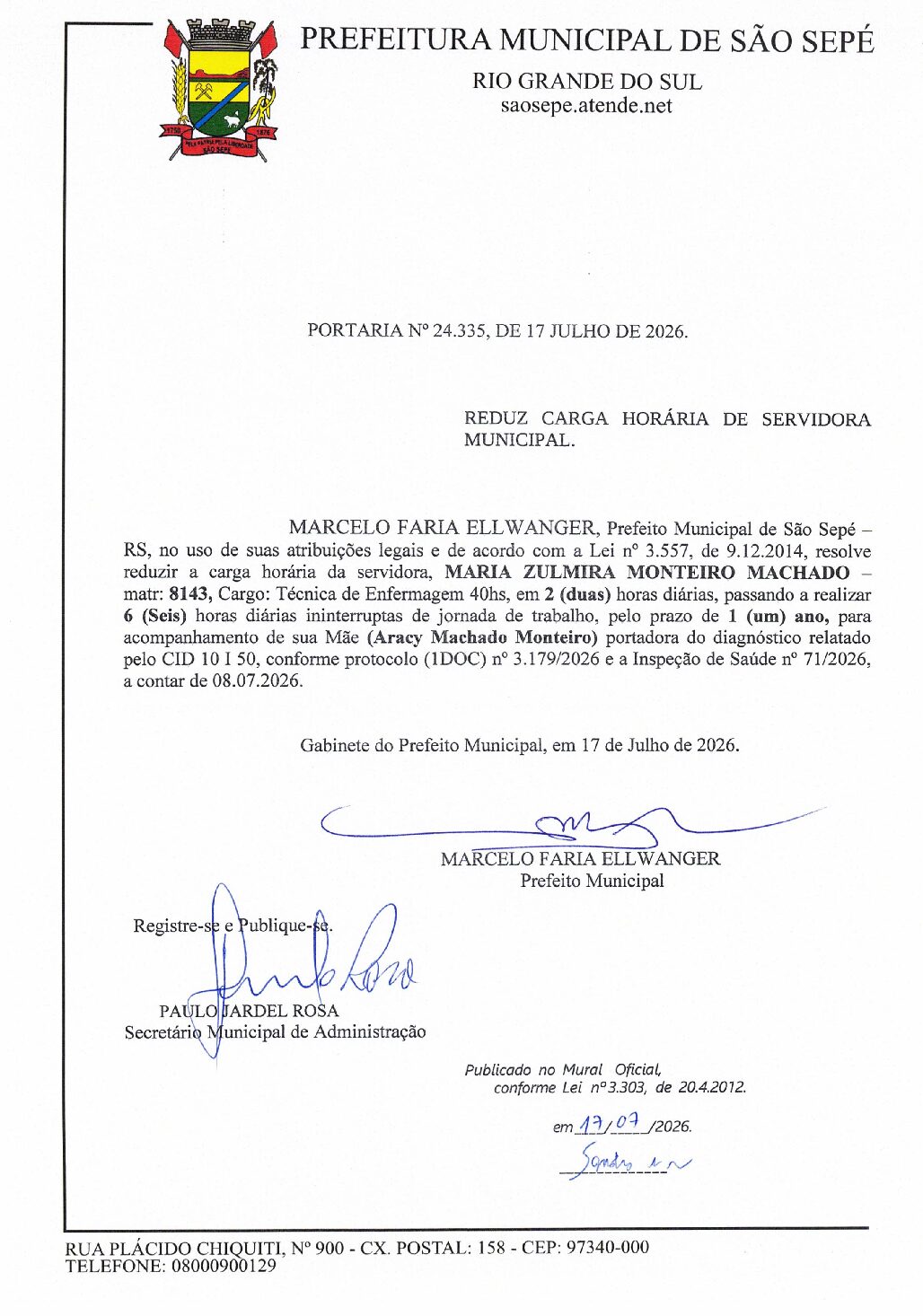 PORTARIA N°24.335, DE 17 DE JULHO DE 2026.- REDUZ CARGA HORÁRIA DE SERVIDORA MUNICIPAL