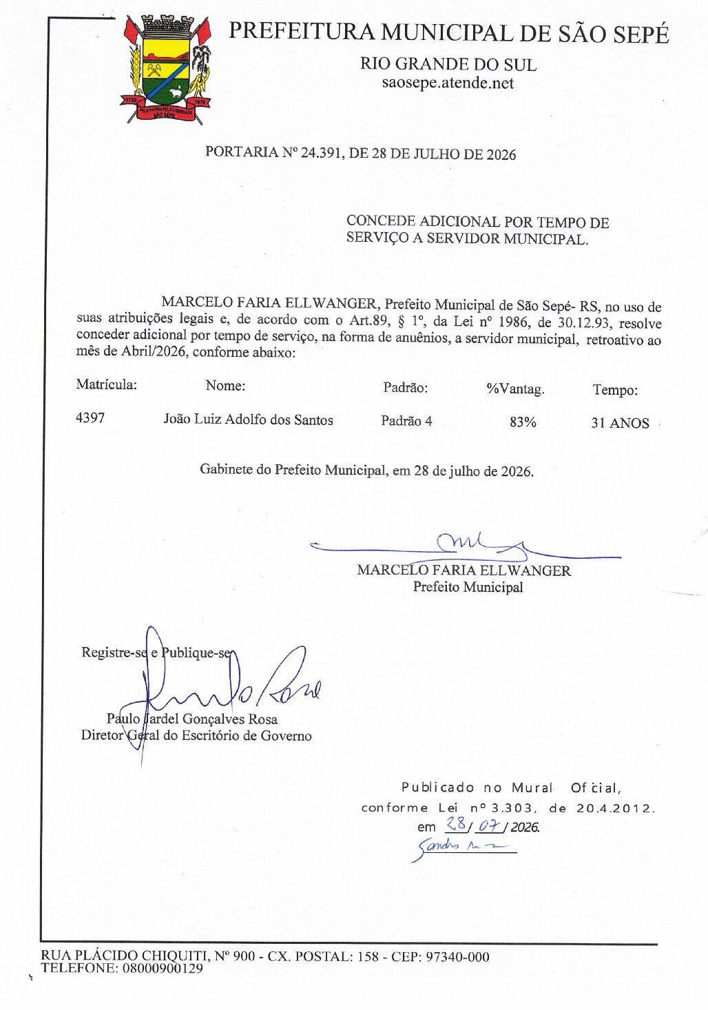 PORTARIA N°24.391, DE 28 DE JULHO DE 2026, – CONCEDE ADICIONAL POR TEMPO DE SERVIÇO A SERVIDOR MUNICIPAL