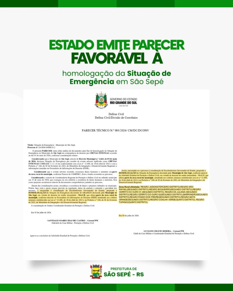 Estado emite parecer favorável à homologação da Situação de Emergência em São Sepé