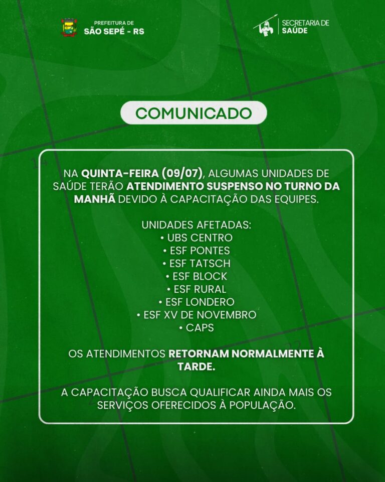 Atenção: serviços de saúde terão atendimento parcial na manhã do dia 9 de julho