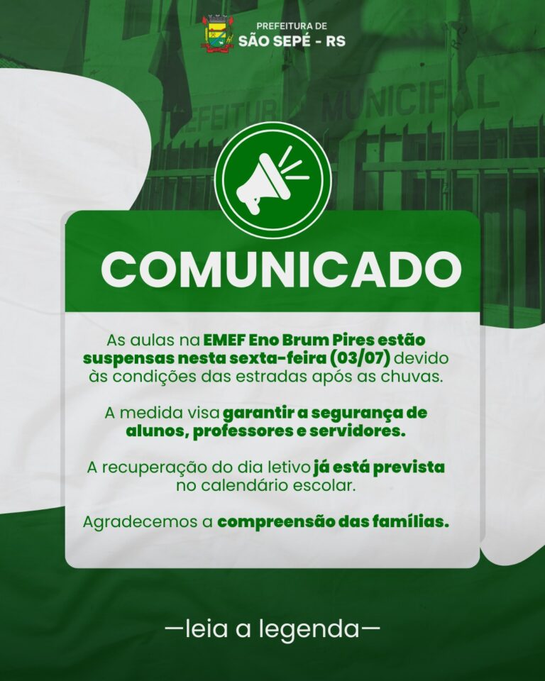 Aulas na EMEF Eno Brum Pires estão suspensas nesta sexta-feira (03) devido às condições das estradas