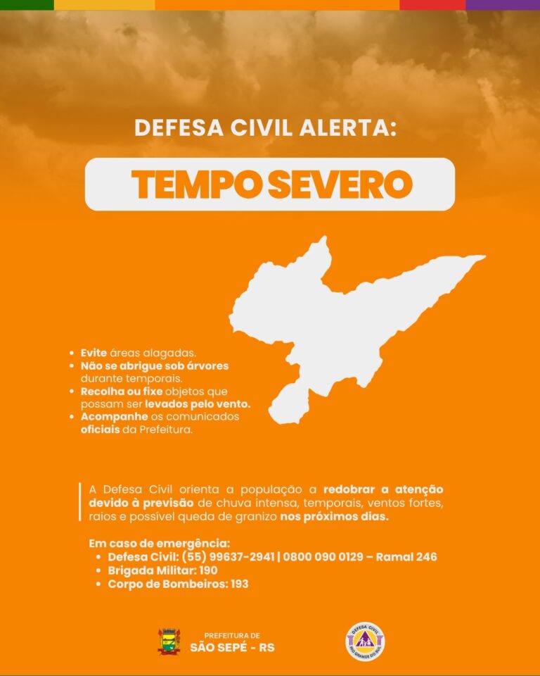 Prefeitura de São Sepé orienta população sobre previsão de tempo severo para os próximos dias