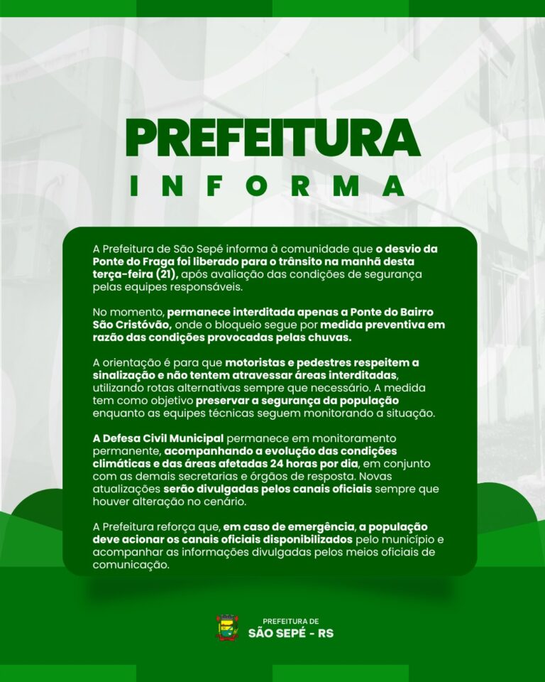 Prefeitura informa liberação do desvio da Ponte do Fraga e mantém bloqueio na Ponte do Bairro São Cristóvão