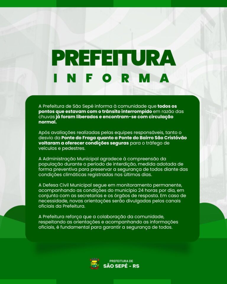 Prefeitura informa liberação total dos pontos que estavam interditados em razão das chuvas