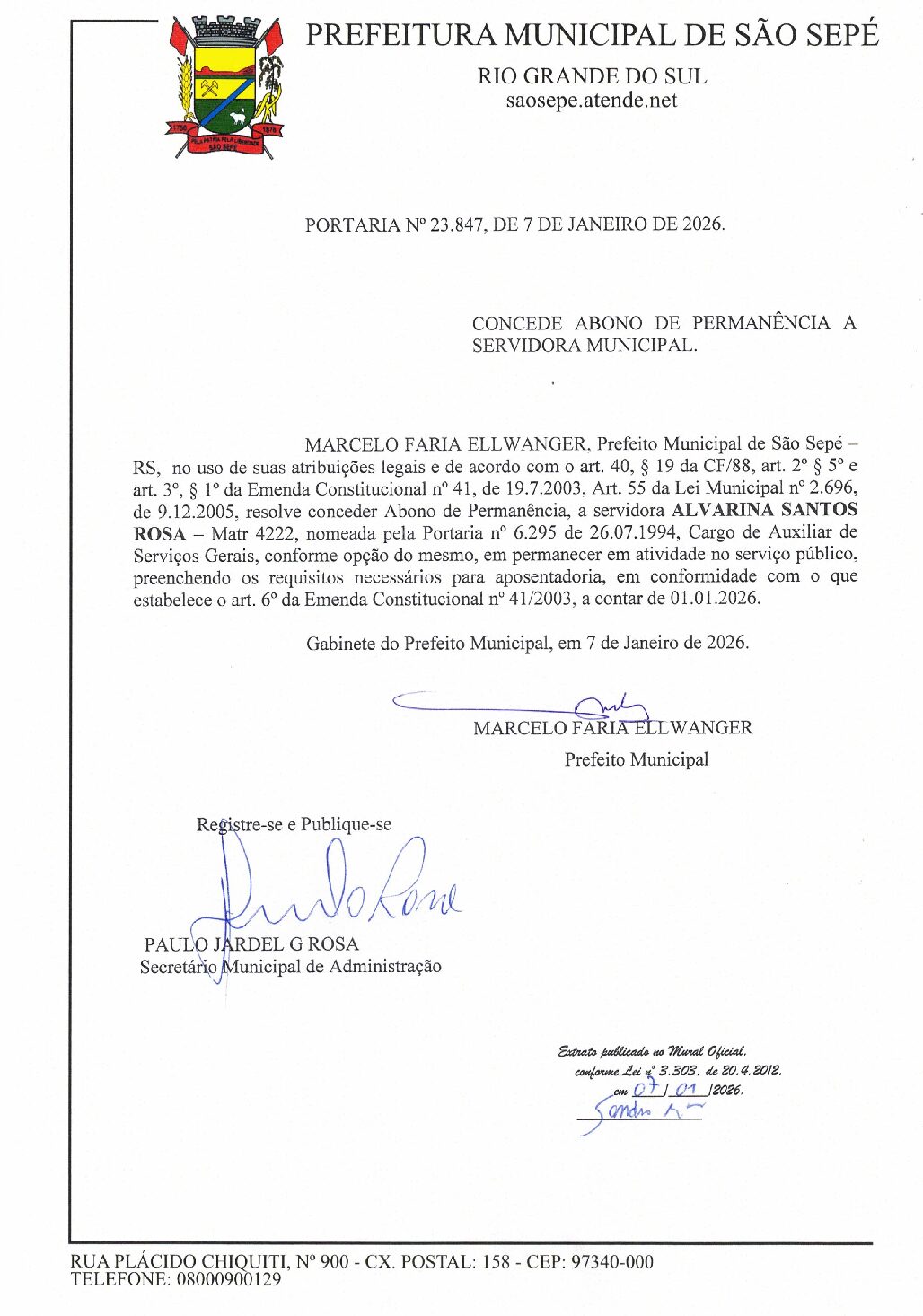 PORTARIA Nº23.847, DE 7 DE JANEIRO DE 2026. CONCEDE ABONO DE PERMANÊNCIA A SERVIDORA MUNICIPAL.