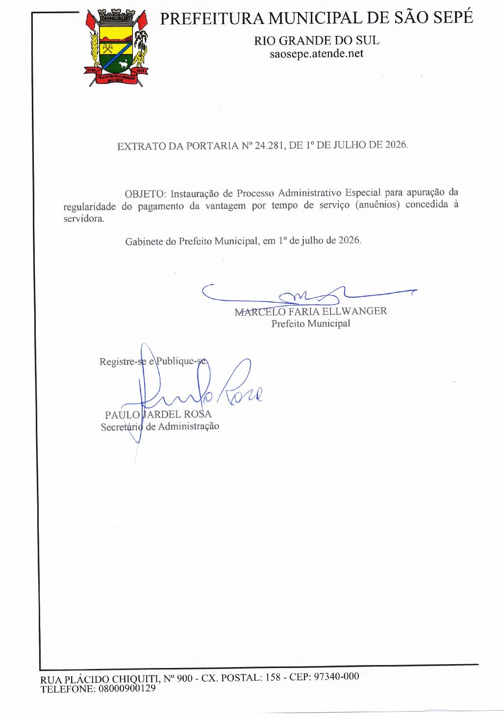 EXTRATO DA PORTARIA Nº 24.031, DE 30 DE MARÇO DE 2026. OBJETO: Instauração de Processo de Sindicância, a fim de apurar responsabilidades diante dos fatos narrados no Memorando 1Doc nº 3.281/2026.