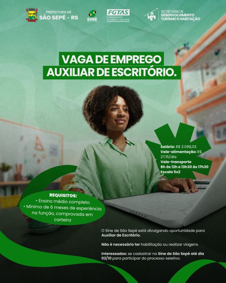 Sine de São Sepé divulga vaga para Auxiliar de Escritório