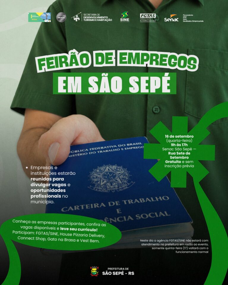 Feirão de Empregos reunirá empresas e oportunidades profissionais em São Sepé