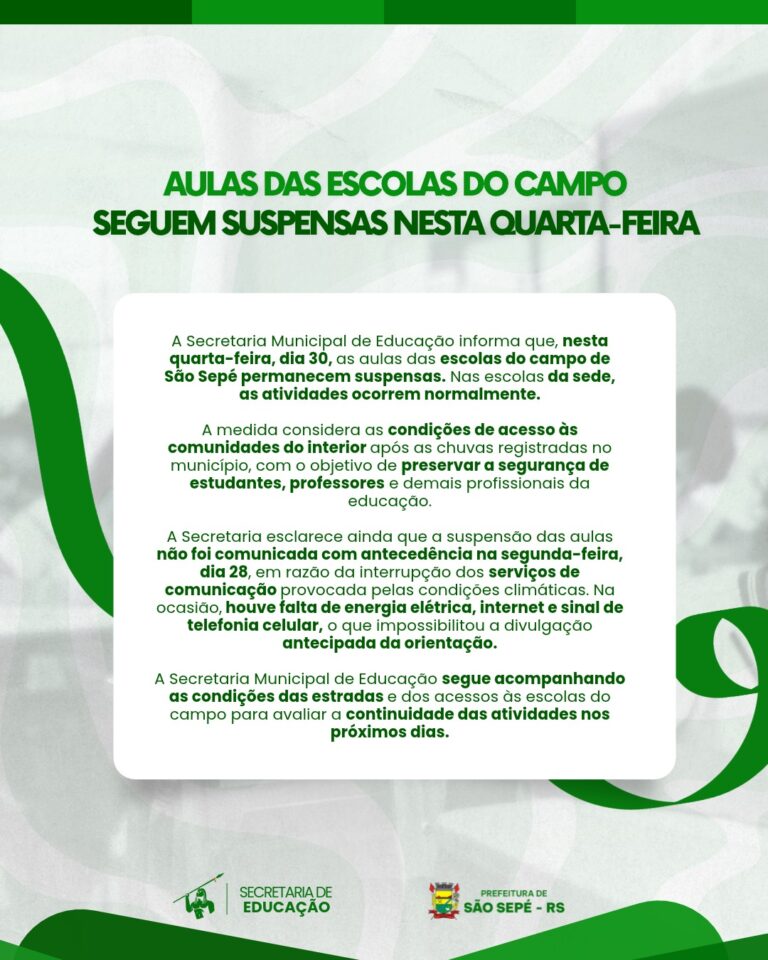 Aulas das escolas do campo seguem suspensas nesta quarta-feira