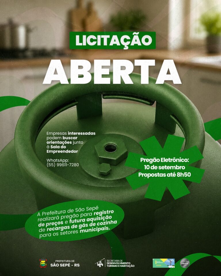 Prefeitura de São Sepé abre licitação para registro de preços de recargas de gás de cozinha