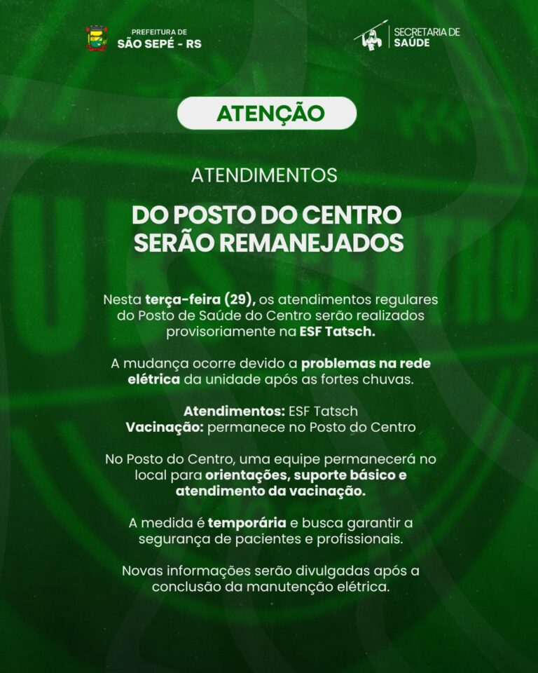 Atendimentos do Posto de Saúde do Centro serão remanejados nesta terça-feira