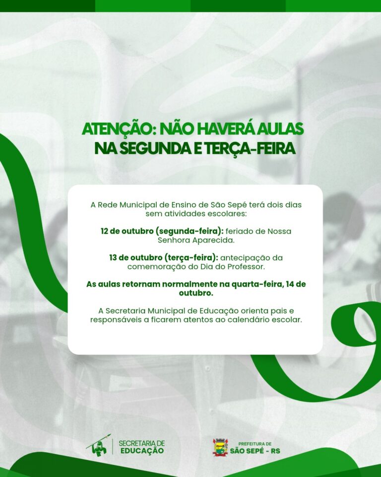 Rede Municipal de Ensino não terá aulas na segunda e terça-feira
