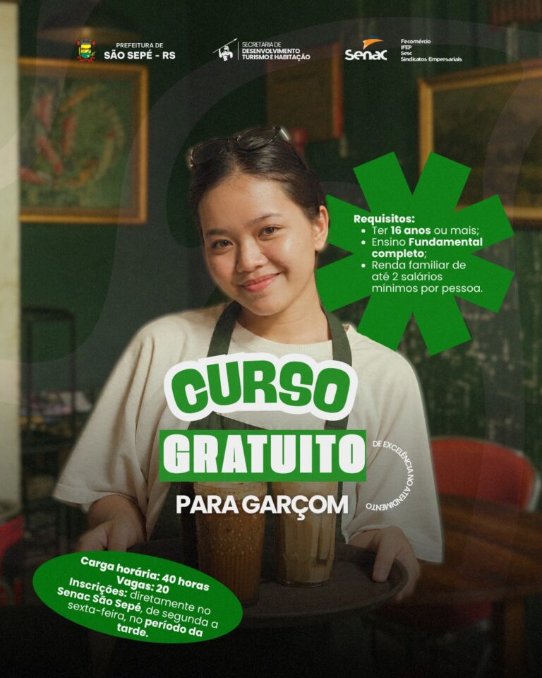 Curso gratuito de Excelência no Atendimento para Garçom segue com vagas abertas em São Sepé