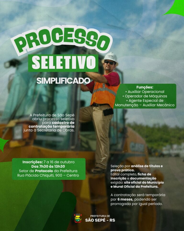 São Sepé abre Processo Seletivo Simplificado para cadastro de contratação temporária